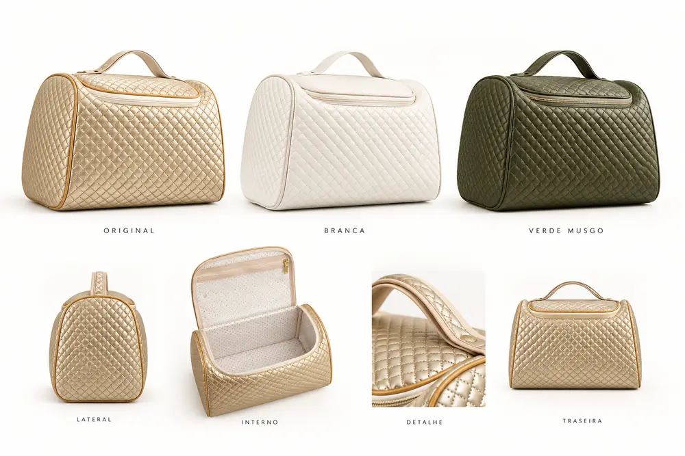 Cores Original, Branca e Verde Musgo e detalhes internos da nécessaire